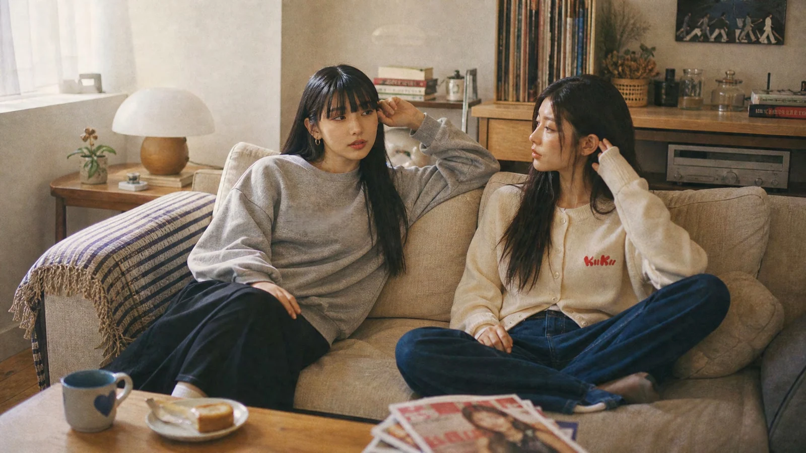 KIIKII 品牌服裝視覺:兩位女性穿著休閒服飾,坐在生活空間的沙發上